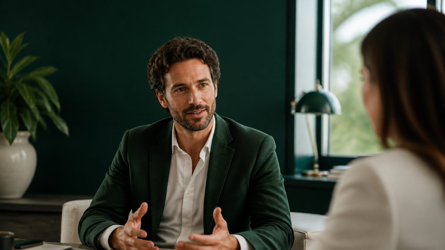 Business professional speaking confidently in a premium one-to-one English coaching session